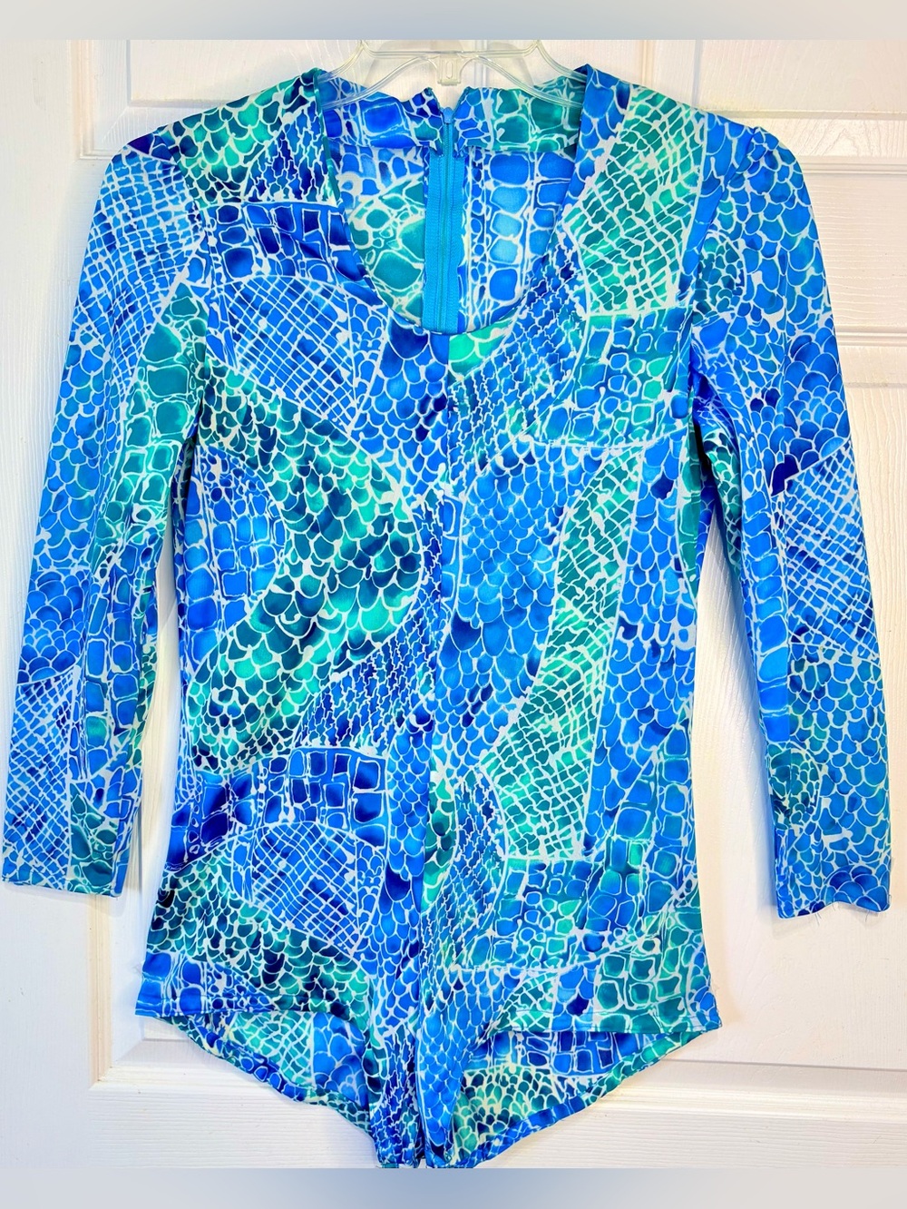 Vintage 70s Handmade blue green Mermaid Scales Nylon Swim Rash Guard Large